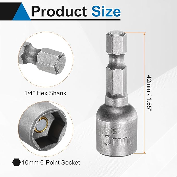 HARFINGTON 5pcs Nut Driver Drill Bit 10mm Metric Socket 1/4" Hex Shank 1.65" (42mm) Long Magnetic 6-Point Sockets Quick Change CR-V Steel Bolt Setters for Power Drill Drivers