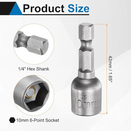 HARFINGTON 5pcs Nut Driver Drill Bit 10mm Metric Socket 1/4" Hex Shank 1.65" (42mm) Long Magnetic 6-Point Sockets Quick Change CR-V Steel Bolt Setters for Power Drill Drivers