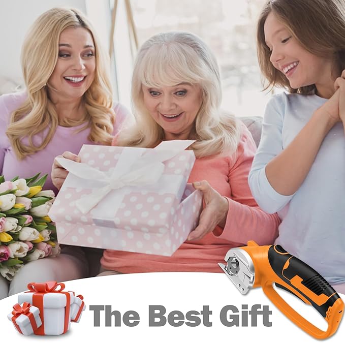 Cordless Electric Scissors, 4V Box Cutter & Cardboard Cutter with 2 Titanium Blades - Rotary Cutter with LED Light for Fabric, Leather, Carpet, Plastic, Crafting + Storage Case (Orange)