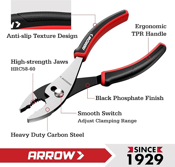 ARROW Slip Joint Pliers, 8 Inch High Carbon Steel Pliers Tool with Rust Resistant Finish, Comfortable TPR Handle, 3-Zone Jaw for Gripping, Tightening, or Loosening Nuts and Bolts