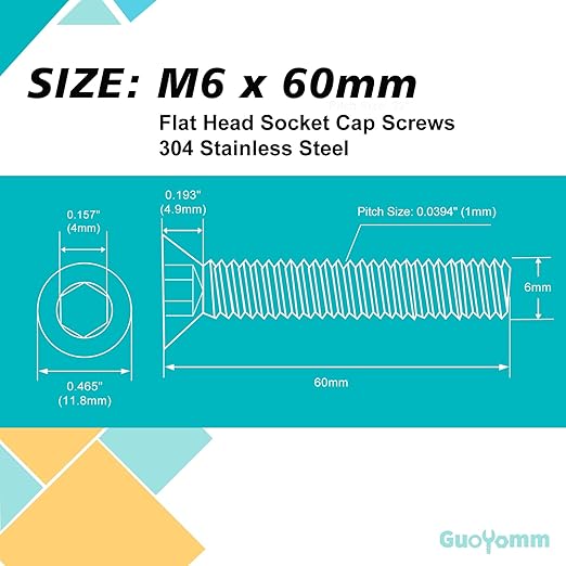 M6-1.0 x 60mm 10PCS Flat Head Hex Socket Cap Screws, Countersunk Bolts, Stainless Steel 304, Metric Allen Drive, Fully Threaded, Bright Finish
