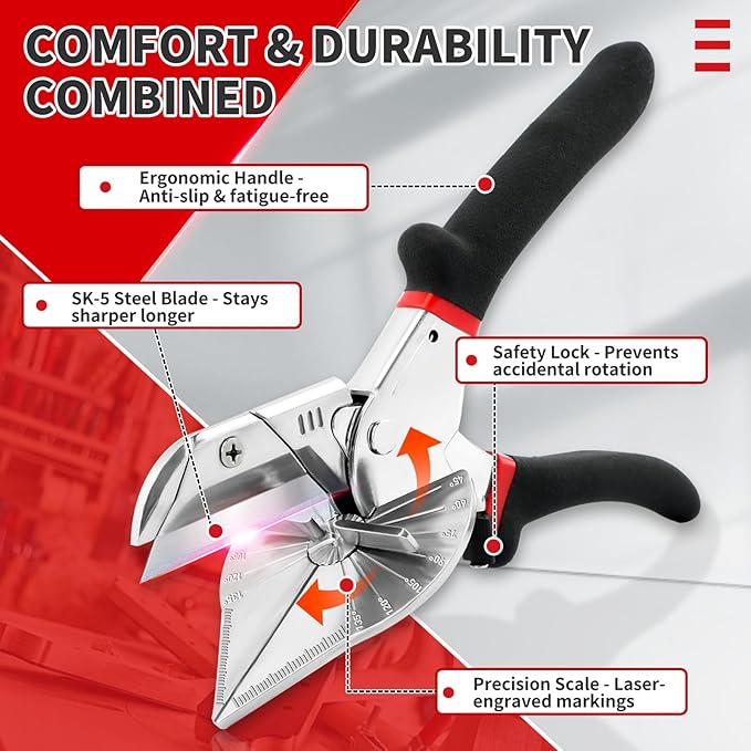 Multi Angle Miter Shear - Upgrade Quarter Round Cutting Tool with 12pcs Replacement Sharp Blades, 45-135째 Adjustable Angle, Trim Cutter Hand Tool for Plastic, Wood Trim Molding (Black Red Handle)