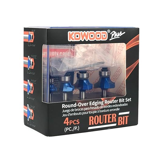 KOWOOD Plus 45 Deg Round Over Router Bit Set, 1/4 Inch Shank, Radius in 1/8?? 5/32?? 3/16?? 1/4?? with Updated Kowood C3 Carbide. Great for Round Edges, Ideal for Table, Drawer or Cabinet Edges