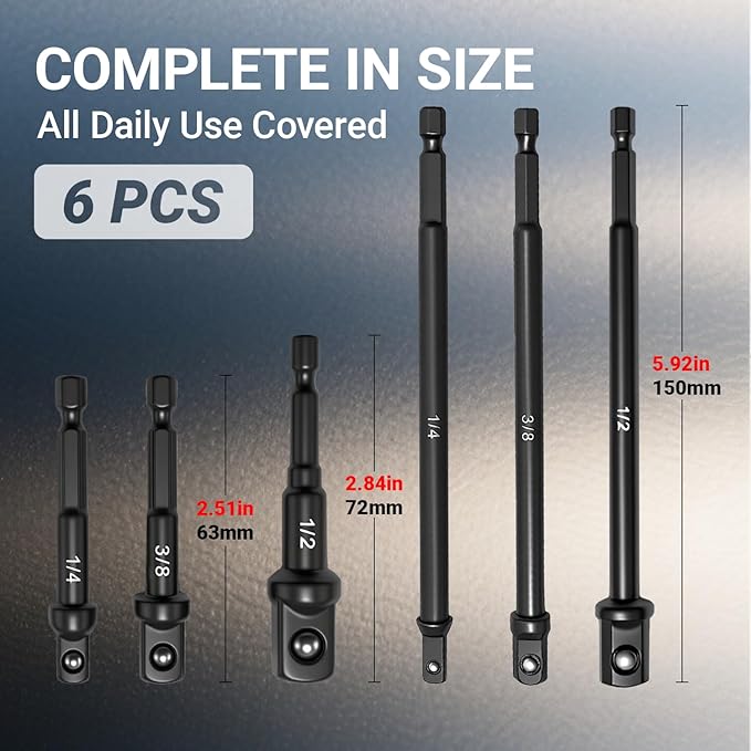 6-Piece Impact Sockets Adapter Sets,1/4, 3/8, 1/2-Inch Drive, 1/4-Inch Hex Shank, 2.5, 2.9 & 5.9 Inch Length, Impact Grade Extension Bit With Holder For Power Drill & Impact Driver