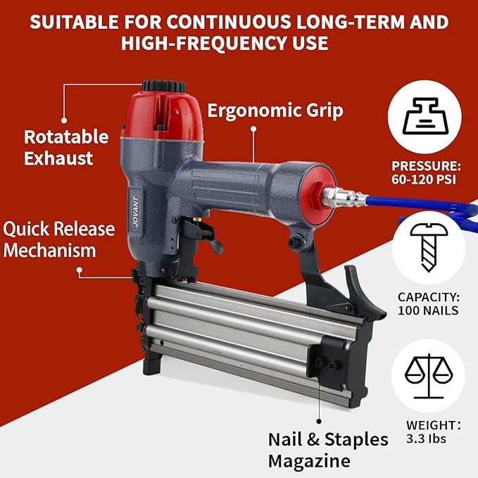 18GA Pneumatic Brad Nailer,Accepts 5/8 to 2Inch Brad Nails & Crown 5/8 to 1-5/8 Inch Staple.2 in 1 Nail Gun (Include 6m Air Tube,1*Nail Puller & Portable Bag)