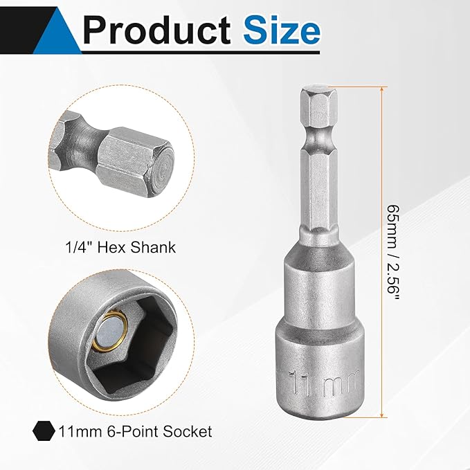 HARFINGTON 5pcs Nut Driver Drill Bit 11mm Metric Socket 1/4" Hex Shank 2.56" (65mm) Long Magnetic 6-Point Sockets Quick Change CR-V Steel Bolt Setters for Power Drill Drivers