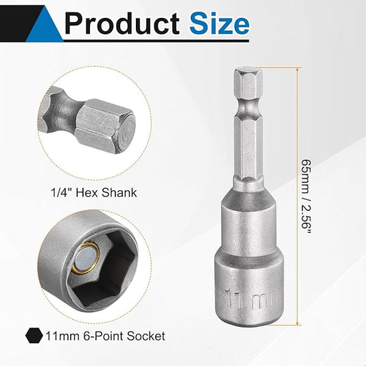 HARFINGTON 5pcs Nut Driver Drill Bit 11mm Metric Socket 1/4" Hex Shank 2.56" (65mm) Long Magnetic 6-Point Sockets Quick Change CR-V Steel Bolt Setters for Power Drill Drivers