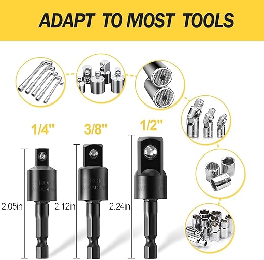 4-Piece Power Drill Sockets Adapter Sets,360째Rotatable 1/4" 3/8" 1/2" Impact Grade Driver Sockets Adapter Extension Set Drill Bit+105 Degree Right Angle Screwdriver Set Drill Hex Bit Socket Adapter