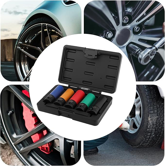 KEILEOHO 5 Pcs 1/2-Inch Drive Wheel Protector Impact Socket, 6 Point, Metric,15mm 17mm 19mm 21mm 22mm, Color-Coded, Thin Wall Deep Impact Socket Set for Protector Tire & Wheel Protection