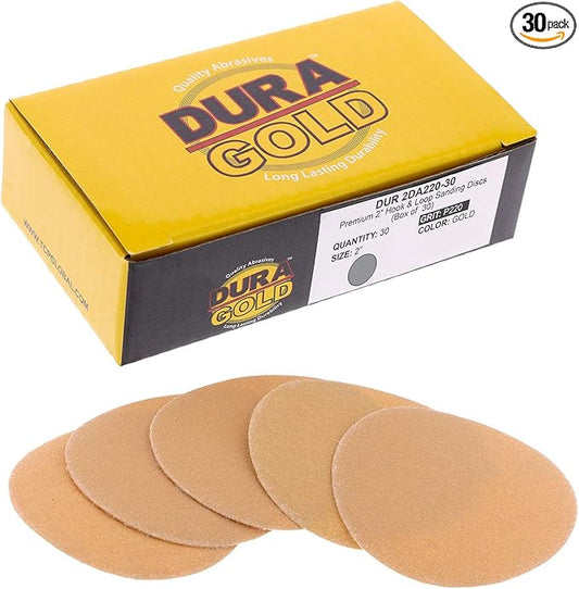 Dura-Gold Premium 2" Gold Hook & Loop Sanding Discs - 220 Grit (Box of 30) - High-Performance Extra Coarse Cut Abrasive Sandpaper Discs - for DA Sanders Drill, Sand Automotive Paint, Woodworking Wood