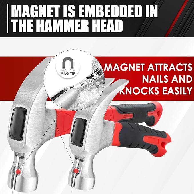 C&T 2 Piece Hammer Set,8oz Stubby Claw Hammer With Magnetic Nail Starter & 16oz Fiberglass General Purpose Claw Hammer & 560pcs Hardware Nail Assortment Kit, Soft Nonslip Handle & Heat Treated Head