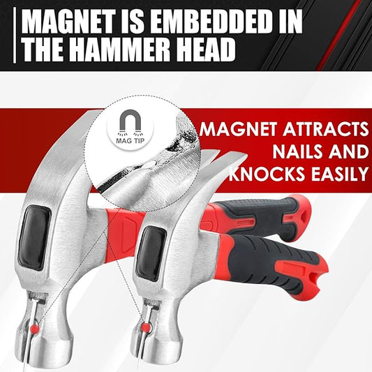 C&T 2 Piece Hammer Set,8oz Stubby Claw Hammer With Magnetic Nail Starter & 16oz Fiberglass General Purpose Claw Hammer & 560pcs Hardware Nail Assortment Kit, Soft Nonslip Handle & Heat Treated Head
