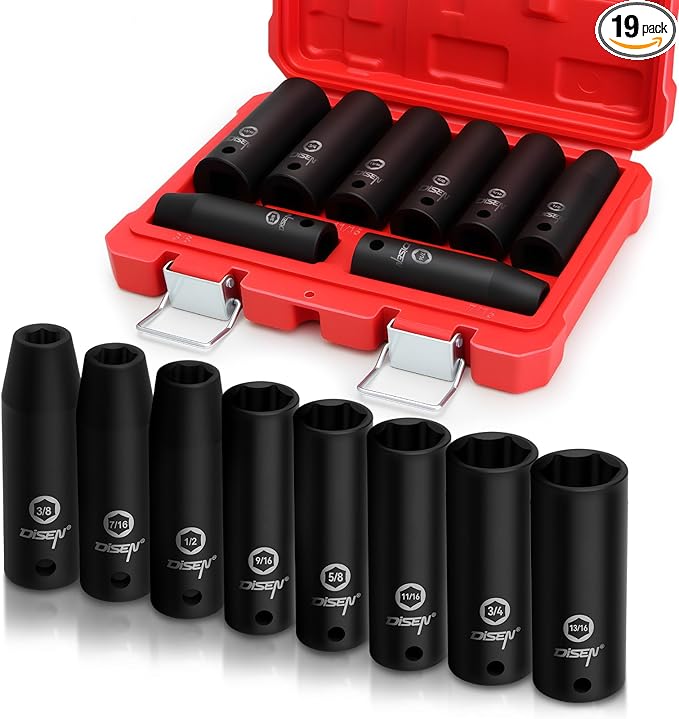 DISEN 8 Pcs 1/2" SAE Impact Socket Set, Deep Sockets 3/8"- 13/16", 6-Point Cr-V & Alloy Steel, 1/2 Inches Drive Impact Socket Set,Rugged Construction, Enhanced Storage Case