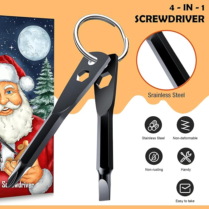 4-in-1 Keychain Screwdriver Gifts for Men Who Have Everything Stocking Stuffers for Adults Christmas Teens Dad Him Husband Ideas Boyfriend Father Tools Bit with Phillips, Slotted and Hex Wrench