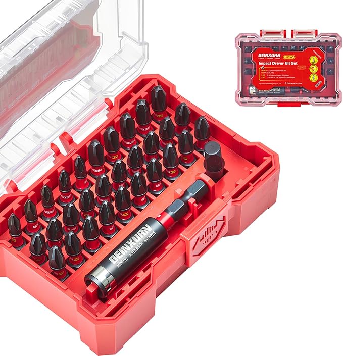 32Pieces Impact Screwdriver Bits Set, S2 Steel Magnetic Phillips Muliti Insert Bits Tips Set with Impact Bit Holder and 1/4?쒾ocket Adapter(Red Storage Box Case)