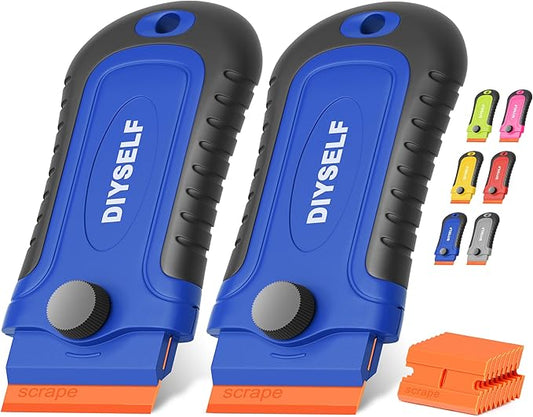 DIYSELF 2 Pcs Plastic Razor Blade Scraper with 10 Pcs Blades, Plastic Scraper Tool for Adhesive Remover, Scrapers for Cleaning Stickers, Decals, Glass, Windows, Car, No Scratches (Blue)
