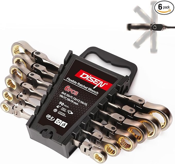 DISEN 6PCS 90 Teeth Ratcheting Wrench Set Double Box End Flex Head with Gray Nickel Coated Ratchet Wrench Set with Organizer, 12 Point 4째 Swing Arc, CR-V Steel, for Home Daily Use, Gift for Man