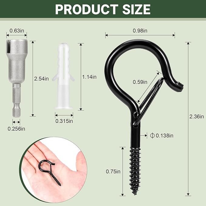 30 PCS Q Hanger Hooks with Safety Buckle, Windproof Screw Hooks, Outdoor String Lights, Plants, Christmas Lights, Patio Lights Use, 2.2 Inches, Black with 1 Wing Nut Driver