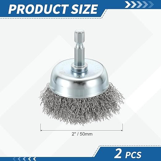 Wire Brush for Drill (2"/50mm) 2Pack, Crimping Steel Wire 0.012" (Carbon Steel) Wire Brush Drill Attachment with 1/4" Hex Shank - for Rust, Cleaning, Deburring on Cast Iron