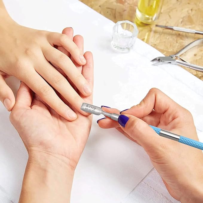 Cuticle Pusher Tool - Dual Sided Sharp Edge Spoon Shaped Double Ended Cuticle Pusher Remover Cuticle Cleaner Stainless Steel Manicure Pedicure Nail Art Care Tools Set 1 Pc By Krisp Beauty (Blue)