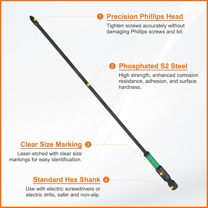 HARFINGTON 3pcs #1 Impact Phillips Screwdriver Bit PH1 1/4" Hex Shank 8" (200mm) Long 0.12" Rod Magnetic Cross Head Drill Bits S2 Steel Industrial Screw Driver for Impact Power Drivers