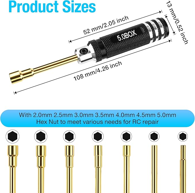 7pcs Hex Nut Screwdriver Set, Hexagonal Head Nut Driver Set, Durable Hex Socket Set RC Tools Kit with Replaceable Tips (2.0-5.0) mm for RC Car Truck Hobby Repair