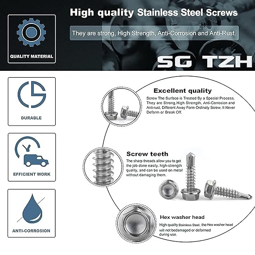#12 x 1-1/2" Sheet Metal Screws 100PCS 410 Stainless Steel Hex Washer Head Fast Self Tapping Screws by SG TZH