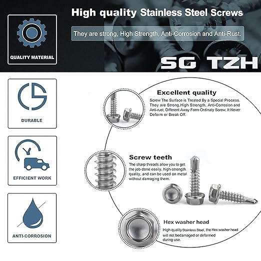#14 x 1-1/2" Sheet Metal Screws 100PCS 410 Stainless Steel Hex Washer Head Fast Self Tapping Screws by SG TZH