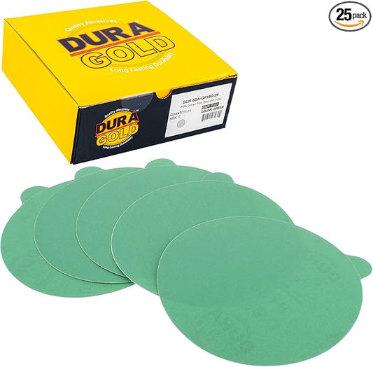 Dura-Gold Premium 6" Green Film PSA Sanding Discs - 180 Grit (Box of 25) - Self Adhesive Stickyback Sandpaper for DA Sanders, Finishing Medium Cut Abrasive - Sand Automotive Paint, Woodworking Wood