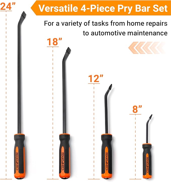 4-PC Pry Bar Set, Heavy Duty Pry Bar, Thicker Strike Cap Handle, Automotive and Mechanic Hand Tools