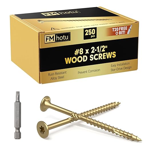 #8 x 2-1/2” Deck Screws, 250Pcs Star Drive Wood Screws, Rust Resistant Timber Screws for Timber/Log/Landscaping Wood, T20 Star Bit Included, Gold
