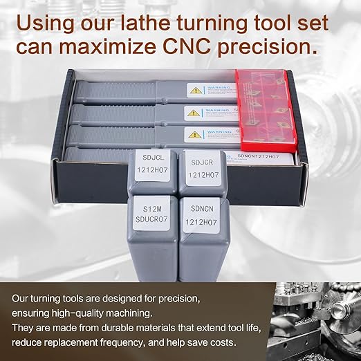Indexable Lathe Turning Tool 14Pcs Kit 1/2" (12mm) Shank, Includes 4Pcs Metal Lathe Tool Holders and 10Pcs Carbide Inserts for Turning Boring Grooving Cutting Threading Carbide Turning Tool
