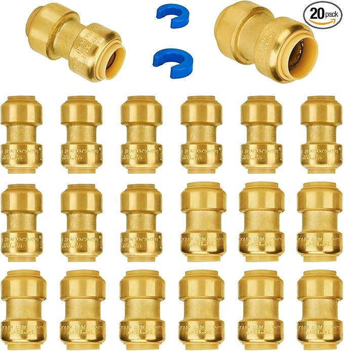 SUNGATOR Push Plumbing Fittings Set, 1/2 Inch Coupling (10 PCS), 3/4 Inch Coupling (10 PCS), No Lead Brass Push to Connect Pex Pipe, Copper, CPVC, with 2 Disconnect Clips, Pack of 20