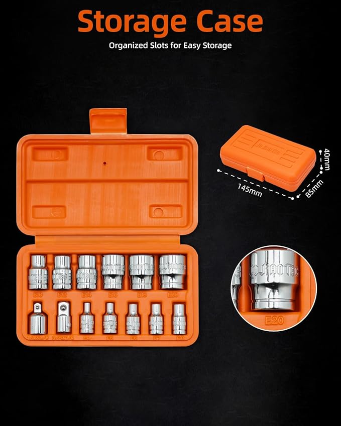 13-Piece E-Torx Socket Set with 6-Point Star Design - E4 to E20 Sizes, 1/4??& 3/8??Drive, Hardened CR-V Steel, Impact Wrench Compatible, Sturdy Molded Case