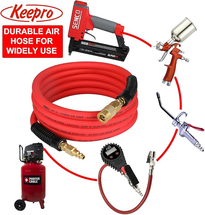 Keepro Hybrid Air Hose, Flexible 3/8 Inch ID x 6 Feet Long Lead-in Short Air Compressor Hose with Swivel Solid Brass 1/4" Industrial Quick Coupler and Plug, 300 PSI Maximum Pressure, Red