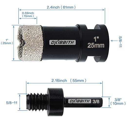 DKIBBITH 1 Inch Dry Diamond Core Drill Bits, 25mm Tile Vacuum Brazed Angle Grinder Hole Saw for Porcelain Ceramic Granite Brick Concrete with 5/8-11 Thread to 3/8??Hex Shank Adapter, Black