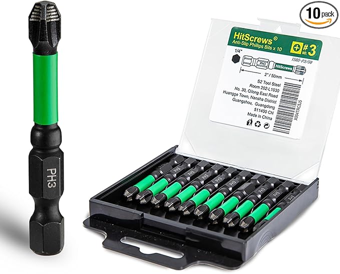 Anti Slip Impact Driver Phillips Bits #3, 2 Inch PH3 Impact-Resistant Screwdriver Bits, Magnetic Tip, S2 Tool Steel, 1/4" Hex Drive, Construction Tools - 10 Pack