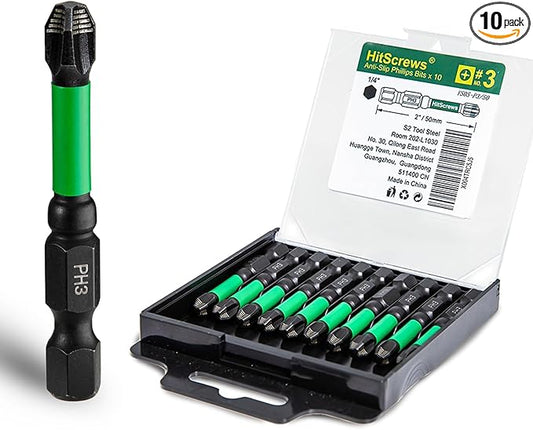 Anti Slip Impact Driver Phillips Bits #3, 2 Inch PH3 Impact-Resistant Screwdriver Bits, Magnetic Tip, S2 Tool Steel, 1/4" Hex Drive, Construction Tools - 10 Pack