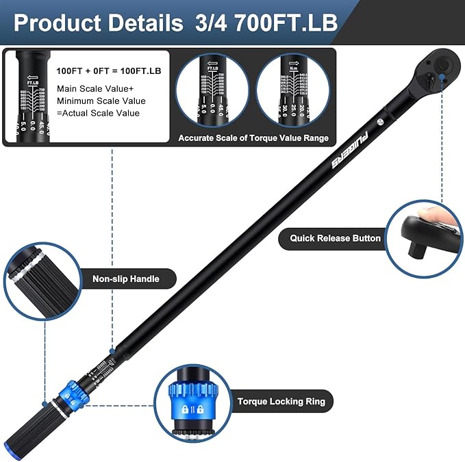 High Torque Wrench 3/4 Inch 100-700 ft, 3/4 Torque Wrench for Car, Truck, Tractor, Accuracy 짹 3% Two Directions Adjustable 48 Teeth Precision Instruments Wrenches