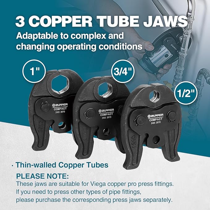 ZUPPER Compact Pro Press Tool kit with 1/2", 3/4", 1" Copper Pro Press Jaws, 2pcs Battery, Fast Charger & Carrying Case