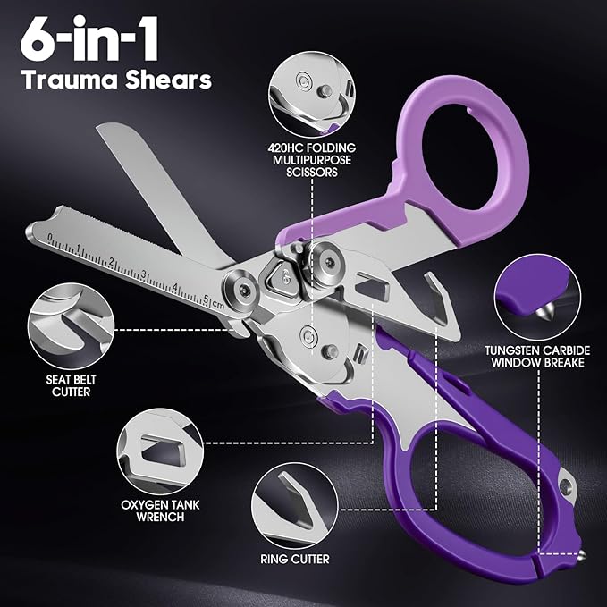 multifunctional tool set includes key tools, card tools, 6-in1 Trauma Shears, scissors with K-sheaths, suitable for outdoor exercise, garden pruning, and daily household use (double purple)