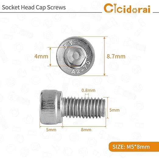 Cicidorai M5-0.8 x 8mm Socket Head Cap Screws Bolts, 304 Stainless Steel (A2-70), Allen Socket Drive, Bright Finish, Full Machine Threads, Quantity 50