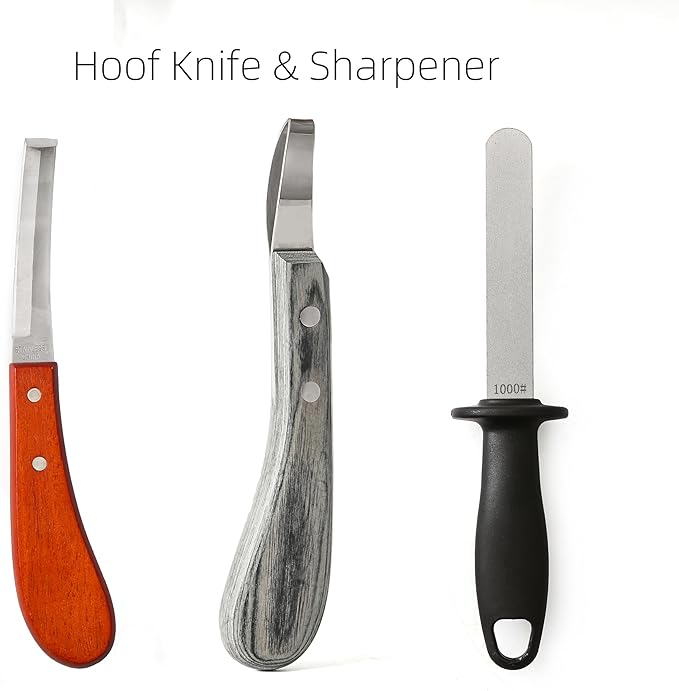 9PCS Farrier Tools Kit for Horses ??Hoof Trimming Set with Hoof Stand, Hoof Nipper, Hoof Pick, Hoof Knife, Rasp File, Clinch Cutter, Horseshoe Pliers & Sharpener for Farriers Horse Owners