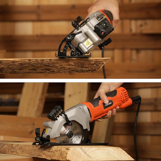4Amp 3500RPM Mini Circular Saw with Laser Guide, Vacuum Adapter, Blade Wrench and Rip Guide, Max. Cutting Depth1-5/8"(90°), 1-1/10"(45°）Compact Saw with 2 pcs 4-1/2" 24T TCT Blades