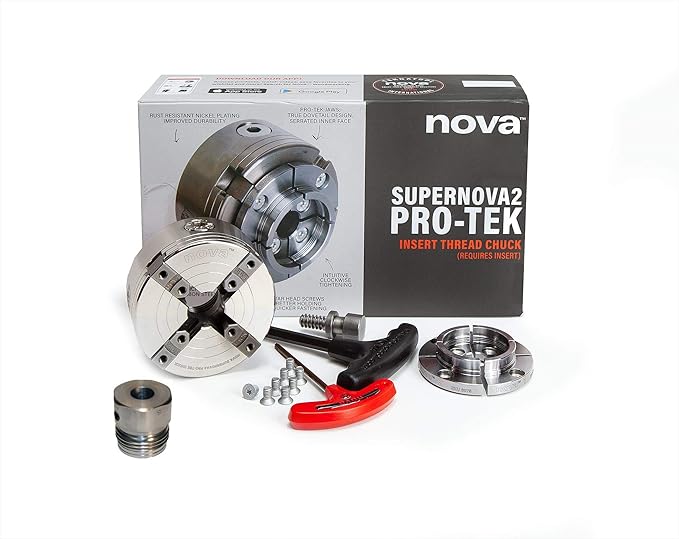 Nova 23262 Premier Pro-Tek Supernova 2 Wood Lathe Chuck Kit with Pro-Tek 2" Jaw Set, Woodworm Screw, & accessories, bundled with Nova ISNS 5/8" Plainbore Adapter (for Shopsmith, etc)