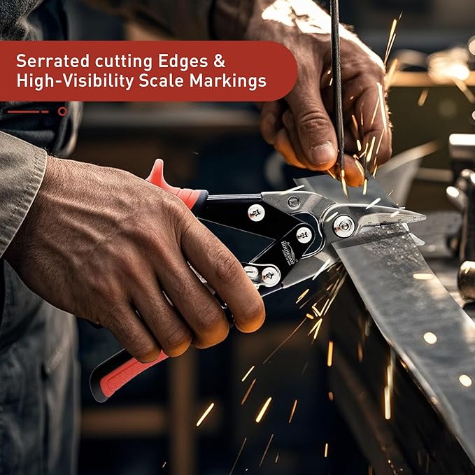 10 Inch Aviation Snips, Left Cut Offset Tin Snip, Heavy Duty CR-MO Tin Cutters with Double Lever, Scale Markings & Safety Lock, Sheet Metal Snips, Shears Scissors for Cutting Metal Sheet