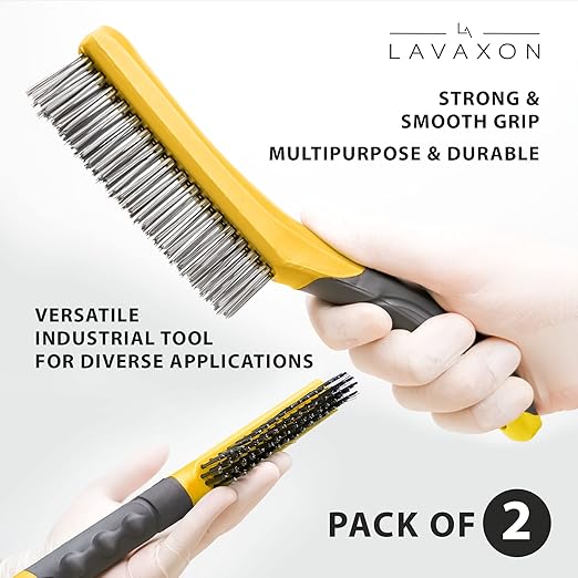 Wire Brush Set-Heavy Duty Stainless & Carbon Steel Bristles with Plastic Handle Grip for Rust, Wielding Slag, Dirt & Paint Scrubbing with Deep Cleaning ??10 Inches (Pack of 2-Yellow)