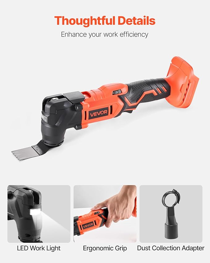 VEVOR Cordless Oscillating Tool, 20V Multitool Oscillating Tool with 6 Variable Speeds 8500-17000 OPM, 3.2째 Oscillating Angle, 8PCS Saw Accessories & LED Work Light (Battery Pack Not Included)