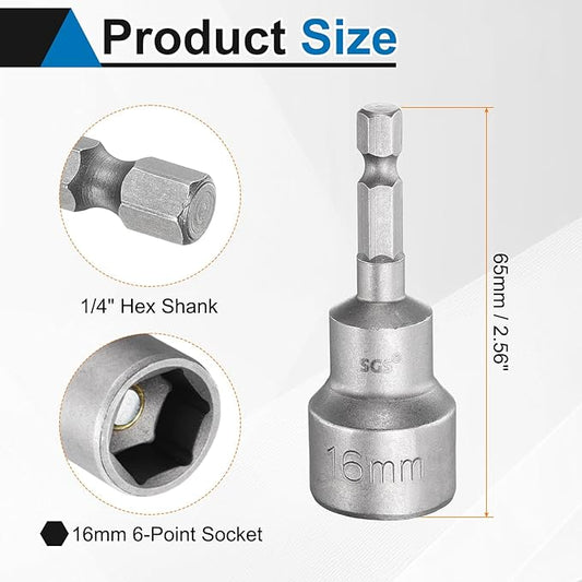HARFINGTON 2pcs Nut Driver Drill Bit 16mm Metric Socket 1/4" Hex Shank 2.56" (65mm) Long Magnetic 6-Point Sockets Quick Change CR-V Steel Bolt Setters for Power Drill Drivers