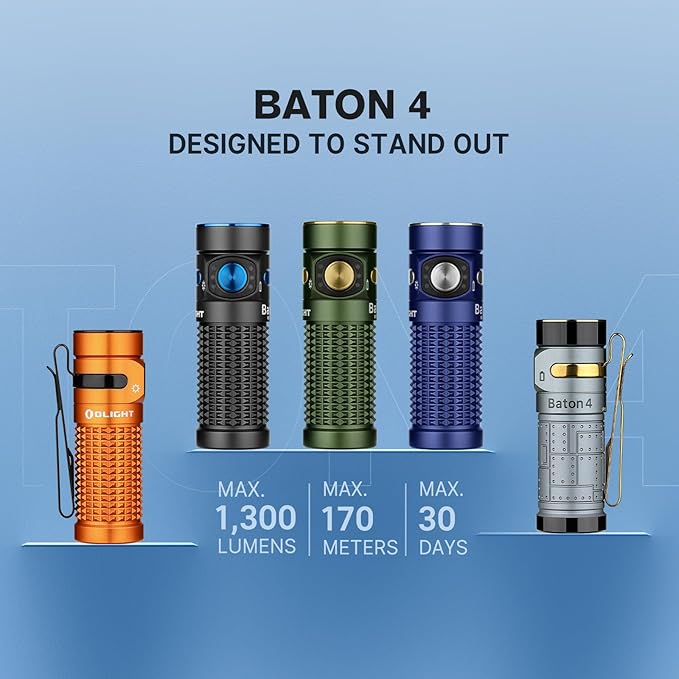 OLIGHT Baton4 Rechargeable EDC Flashlight, LED Pocket Light 1300 Lumens with Magnetic Charging Cable, 6 Modes, Powerful Bright IPX8 Waterproof for Home, Camping and Emergencies (Orange)
